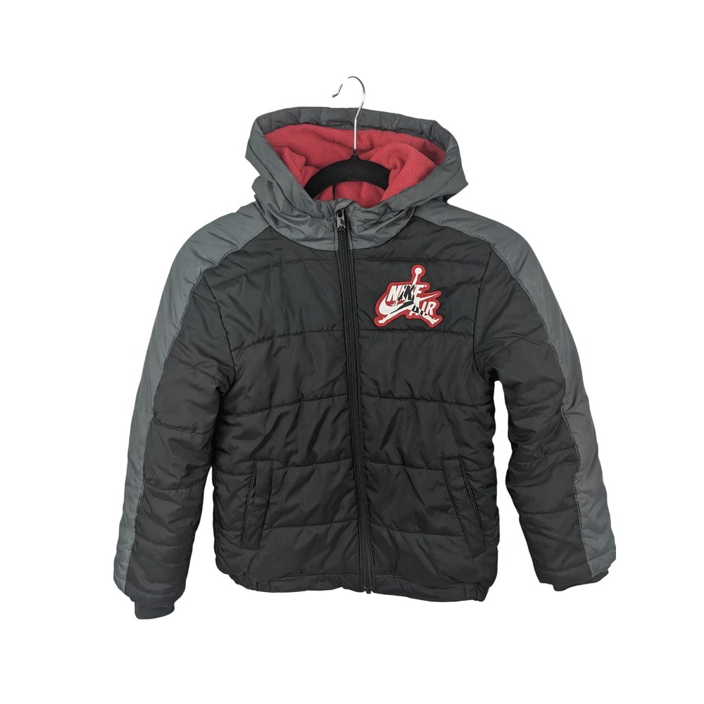 Jordan Kids Black Grey Red Fleece Lined Hooded Puffer Jacket Size S 8-10 YRS